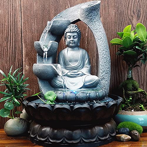 DSYOGX Zimmerbrunnen Buddha Wasserfall Springbrunnen Gartenbrunnen Buddhabrunnen mit LED Licht Beleuchtung für Home Office, 21x21x28 cm von DSYOGX