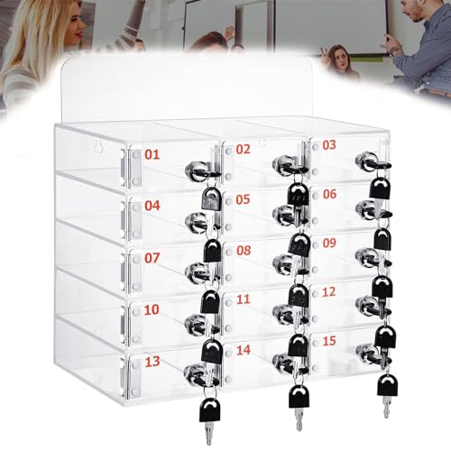 DSYYNAY Transparenter Schließfach für Mobiltelefon, Acrylschrank zur Aufbewahrung von Mobiltelefonen, Schloss für Handy, transparent, Wandmontage, 15 Steckplätze von DSYYNAY