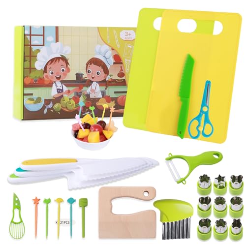 DSYZWEE Kinder Küchenmesser Set, 40-Kinder Sicherheit Küchenmesser mit Schneidebrett Wellenschneider zum Kochen oder Schneiden von Obst Brot Cupcake-Formen, Montessori Messer von DSYZWEE