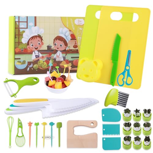 DSYZWEE Kinder Küchenmesser Set, 46-Kinder Sicherheit Küchenmesser mit Schneidebrett Wellenschneider zum Kochen oder Schneiden von Obst Brot Cupcake-Formen, Montessori Messer von DSYZWEE