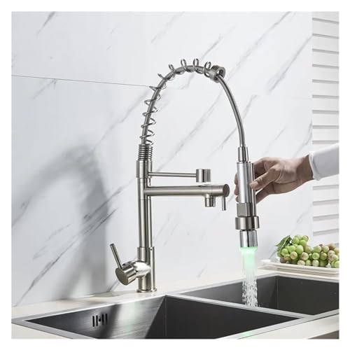 DSeenLeap Küchenarmaturen, 1 Stück Chrom poliert LED Pull Down Küchenarmatur Feder 360 Grad schwenkbar Warm- und Kaltwasser Deckmontage Wasserhahn Doppelauslauf Wasserhahn Einzelgriff (Nickel W) von DSeenLeap