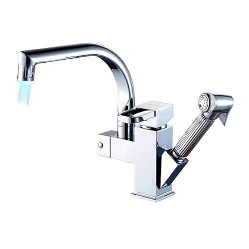 DSeenLeap Küchenarmaturen, 1 Stück mattschwarzer ausziehbarer Küchenarmatur mit schwenkbarem Auslauf, LED, 360 Grad schwenkbarer Auslauf, Warm- und Kaltmischbatterie (Chrom-LED) von DSeenLeap