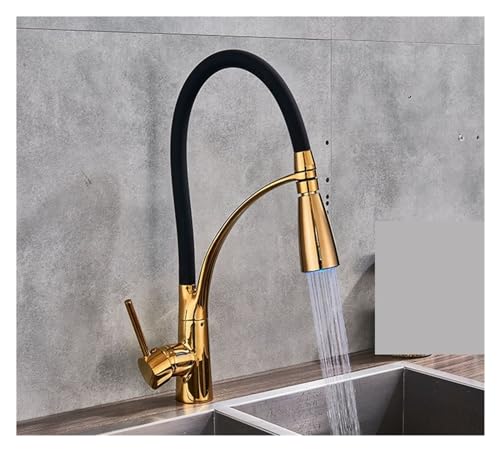 DSeenLeap Küchenarmaturen, 1 x 360° schwenkbarer Küchenhahn, herausziehbarer LED-Mischer, Wasserbehälter, Spülbeckenhahn, Warm- und Kaltwasserhahn (Gold) von DSeenLeap