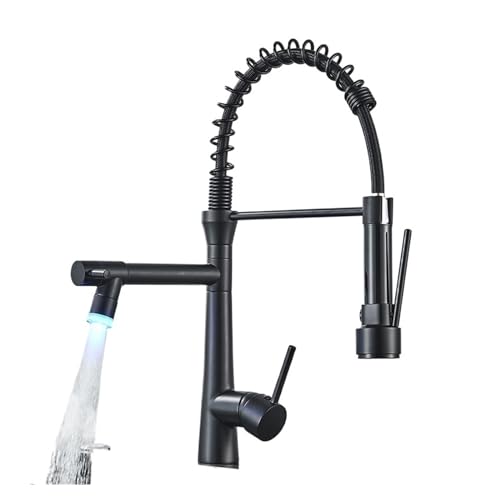 DSeenLeap Küchenarmaturen, 1 x Küchenarmatur, ausziehbar, Doppeldüse, 360° drehbar, Multifunktions-Wasserhahn, Spülbecken, Warm- und Kaltmischbatterie, verchromt (Mattschwarz, LED A) von DSeenLeap