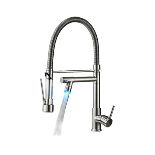 DSeenLeap Küchenarmaturen, 1 x Küchenarmatur, ausziehbar, Doppeldüse, 360° drehbar, Multifunktions-Wasserhahn, Spülbecken, Warm- und Kaltwassermischer, verchromt (gebürstetes Nickel, LED B) von DSeenLeap