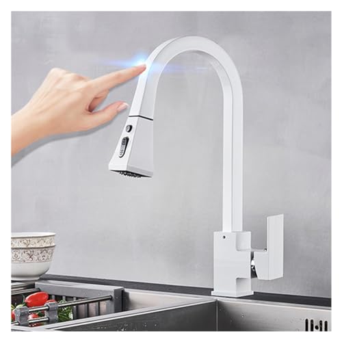 DSeenLeap Küchenarmaturen, Ausziehbarer Sensor-Küchenhahn aus Messing für die Arbeitsplattenmontage, intelligenter Sensor, Warm- und Kaltwassermischer, Dreh-Touch-Steuerung (weiß) von DSeenLeap