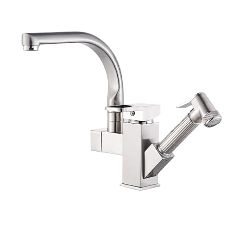 DSeenLeap Küchenarmaturen, Ausziehbarer Sprüher für Badezimmerwaschbecken aus Messing, LED-Düse, Warm- und Kaltwassermischer (gebürstetes Nickel) von DSeenLeap