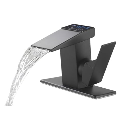 DSeenLeap Küchenarmaturen, LCD-Waschtischarmatur aus Messing, Warm- und Kaltwasserhahn, abgedeckter Wasserfall, Arbeitsplattenmontage, Badezimmer-Waschtischarmatur (Mattschwarz) von DSeenLeap