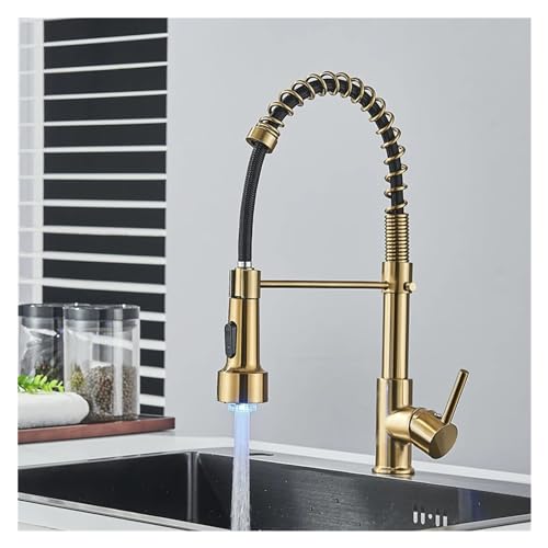 DSeenLeap Küchenarmaturen, LED-Küchenarmatur, ausziehbar, 2 Modelle, Auslauf, Federschlauch, Einhebelmischer, Deckmontage, Warm- und Kaltmischbatterie (Polnischgold) von DSeenLeap