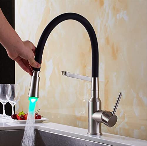 DSeenLeap Küchenarmaturen, LED-Küchenarmaturen, Chrom-Nickel-Mischbatterie für die Küche, Einhebel-Ausziehmischbatterie für Spülbecken mit Luftsprudler, Retro, Chrom mit LED (Nickel mit LED) von DSeenLeap