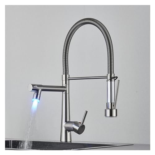 DSeenLeap Küchenarmaturen, LED Spring Küchenspüle, normaler Warm- und Kaltwasser-Einloch-Mischbatterie mit Doppelauslauf (gebürstetes Nickel) von DSeenLeap