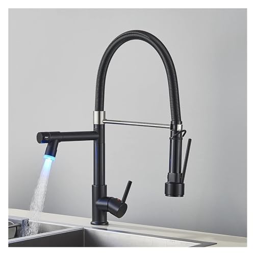 DSeenLeap Küchenarmaturen, LED Spring Küchenspüle, normaler Warm- und Kaltwasser-Einlochmischhahn mit Doppelauslauf (Mattschwarz) von DSeenLeap
