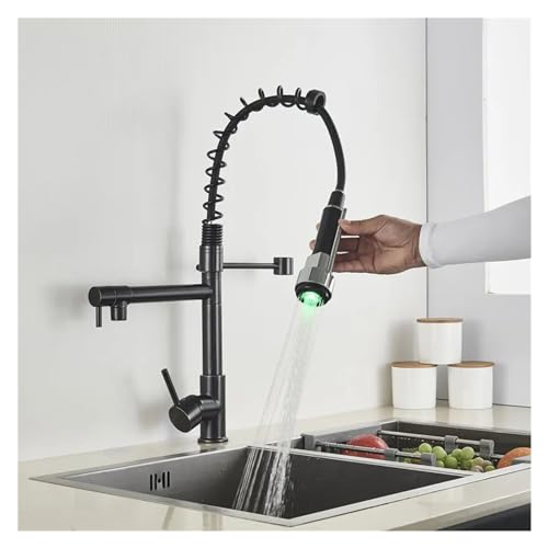 DSeenLeap Küchenarmaturen, Stück Chrom poliert LED Pull Down Küchenarmatur Feder 360 Grad schwenkbar Warm- und Kaltwasser Deckmontage Wasserhahn Doppelauslauf Wasserhahn Einzelgriff (ORB Chrom B) von DSeenLeap