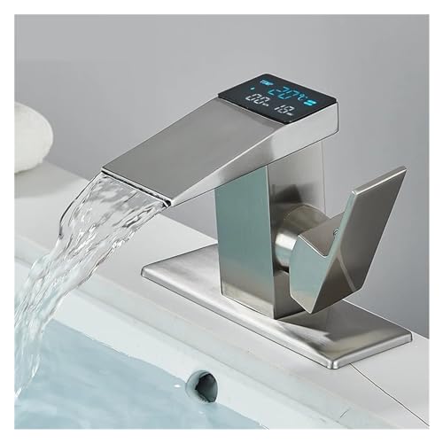 DSeenLeap Küchenarmaturen, Waschbeckenarmatur fürs Badezimmer, LCD-Digitalanzeige, Wasserfall, heißes und kaltes Wasser, Waschbeckenarmatur für die Arbeitsplattenmontage (gebürstetes Nickel B) von DSeenLeap