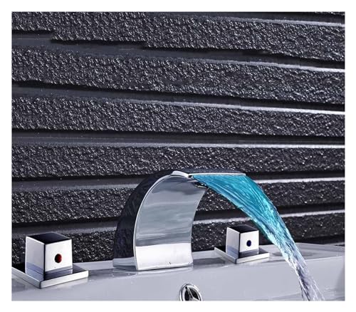 DSeenLeap Küchenarmaturen, x Waschtischarmatur mit Wasserfallauslauf und Kristallgriff, breiter Doppelgriff, DREI Löcher, goldfarben, für die Arbeitsplattenmontage, Waschtischmischer (Chrom B LED) von DSeenLeap