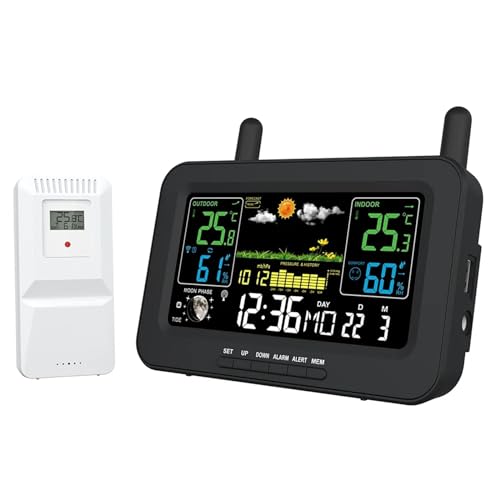 Digitale Wetterstation, Digitale Wetterstation, Uhr, Wettervorhersage für drinnen und draußen, Thermometer, Hygrometer mit kabellosem Außensensor, mehrere Datenanzeigen (Nero 1) von DSeenLeap