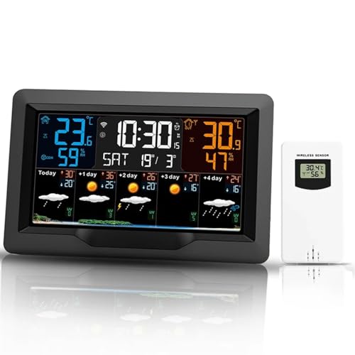 Digitale Wetterstation, intelligente Wetterstation, Temperatur- und Feuchtigkeitsmesser für den Innen- und Außenbereich, Wettervorhersage, Wetteruhr mit großem Farbbildschirm, Anzeige mehrerer Daten von DSeenLeap