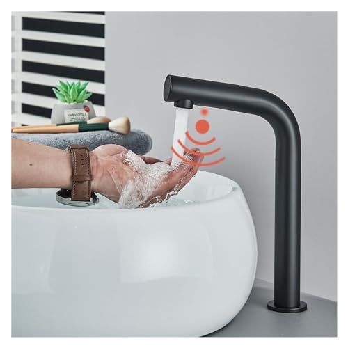 Küchenarmaturen, 1 x intelligenter Sensor-Waschtischhahn, berührungsloser automatischer Sensor-Wasserhahn, Heiß- und Kaltmischbatterie, an Deck montierter Badezimmer-Waschtischhahn (schwarz, groß) von DSeenLeap