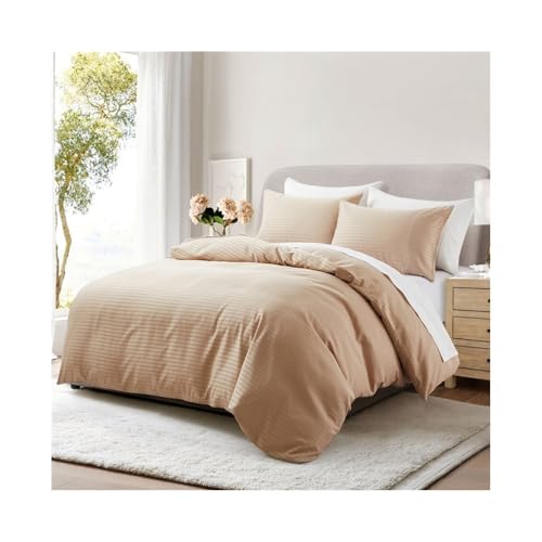 DTACBNEUZ 4-teiliges Bettwäscheset Bettbezug aus Satin in Reiner Farbe, 2/3-teilig, superweich, luxuriös, seidig, gestreift, wendbar Bettdeckenset(Khaki,EU Single(135x200cm)) von DTACBNEUZ