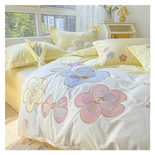 DTACBNEUZ 4-teiliges Bettwäscheset Blumenbestickter Bettbezug, Baumwoll-Bettbezug-Set mit Buntem Blumenmuster, Bettwäsche-Set, 4-teiliges Set Bettdeckenset(Yellow,2.0m Bed -220x240cm) von DTACBNEUZ
