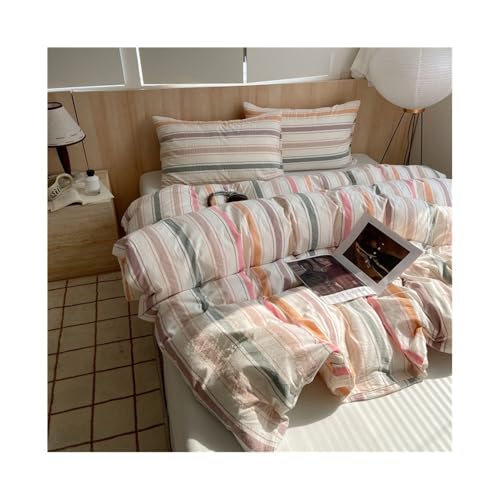 DTACBNEUZ 4-teiliges Bettwäscheset Striped Duvet Cover Set, 100% Cotton 3-Piece Breathable Colored Stripes Printed Bedding Set Bettdeckenset(Pink,200x230cm) von DTACBNEUZ