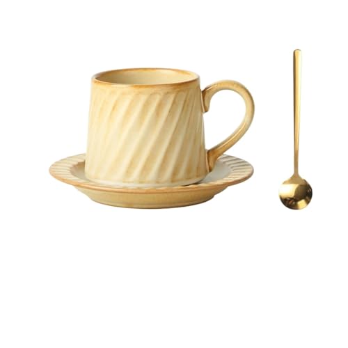 DTACBNEUZ Kaffeetasse Farbverlaufs-Keramikbecher, gestreift, Retro-Latte, einfache europäische, handgegossene Kaffeetasse mit Untertasse und Löffel-Set von DTACBNEUZ