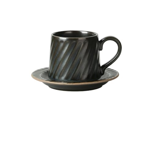 DTACBNEUZ Kaffeetasse Großes Fassungsvermögen, Keramik, schwarz gestreift, Becher fürs Büro, Wasserbecher, Kaffeetasse und Untertasse, Set, 300 ml von DTACBNEUZ