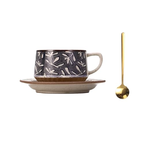 DTACBNEUZ Kaffeetasse Kaffee-/Teetassen-Set, Vintage-Gras- und Blumenmuster, Keramik, mit Untertasse Löffel, 300 ml von DTACBNEUZ