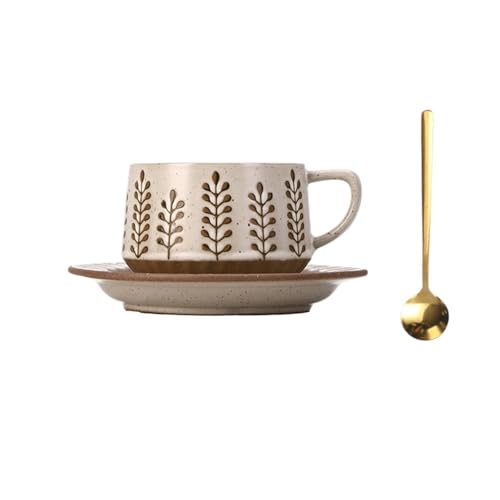 DTACBNEUZ Kaffeetasse Kaffee-/Teetassen-Set, Vintage-Keramik, mit Untertasse und Löffel, Blattmuster, 300 ml von DTACBNEUZ