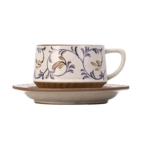 DTACBNEUZ Kaffeetasse Kaffee-/Teetassen-Set Retro Keramik mit Untertasse und Pflanzenmuster 300ml von DTACBNEUZ