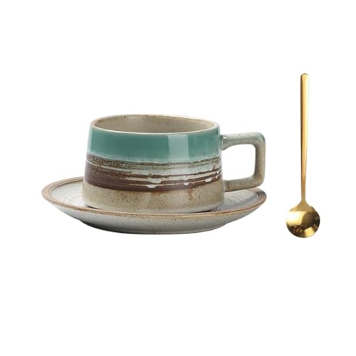 DTACBNEUZ Kaffeetasse Keramik-Kaffeetasse, kommerzieller Milchtee, Haferflocken-Milchtee, Retro-Muster, Heimrestaurant mit Untertasse und Löffel von DTACBNEUZ