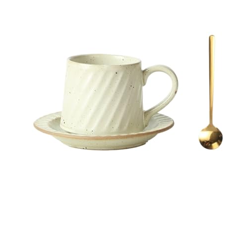 DTACBNEUZ Kaffeetasse Keramikbecher, gestreift, Retro-Latte, einfache europäische, handgegossene Kaffeetasse mit Untertasse und Löffel-Set von DTACBNEUZ