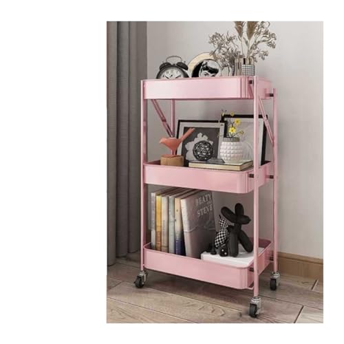 DTACBNEUZ Küchenwagen Beweglicher Klappwagen for Die Küche, Lagerregal, Mehrschichtiges Bodenlagerregal, Wohnzimmer-Snackregal, Gemüsekorb-Lagerregal Servierwagen(Pink) von DTACBNEUZ