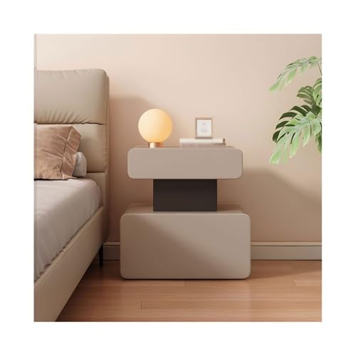 DTACBNEUZ Nachttisch Khakifarbener Nachttisch aus Holz, kleines Schlafzimmer-Sideboard mit Doppelschublade und unregelmäßiger Aufbewahrung aus Leder(Mittel) von DTACBNEUZ