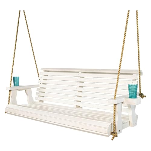 DTACBNEUZ Terrassenbank Outdoor Swing Freizeit Roll Back Hängestuhl Schaukel Holzschaukel mit Hängeseil Getränkehalter Gartenmöbel für den Außenbereich von DTACBNEUZ