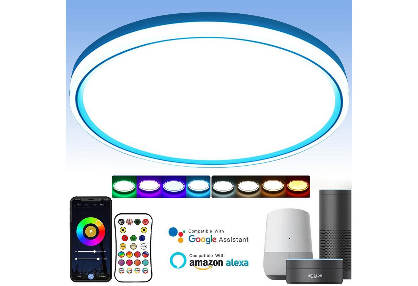 DTC GmbH LED Deckenleuchte RGB Pendelleuchte WIFI 30cm∅ LED Panel Dimmbar,Timer, 16 Millionen RGB-Farben, 16 Millionen RGB-Farben, Bluetooth,Fernbedienung, mit Hintergrundbeleuchtung,Alexa & Google Home von DTC GmbH