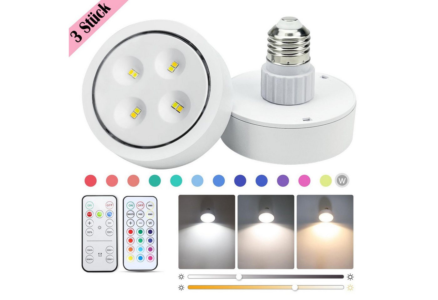 DTC GmbH LED-Leuchtmittel 2er/3er LED Spot Glühbirnen Batterie, LED Nachttischlampe, Fernbedienung, Dimmbare&Timing, RGB/Warmweiß Kabellose für E27. von DTC GmbH