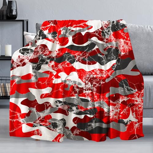 Rote Camouflage-Überwurfdecke, Camouflage-Flanell-Fleecedecke, leichte Überwurfdecke für Bett, Sofa, weiche, flauschige Decke für alle Jahreszeiten (127 x 152,4 cm, rotes Camo) von DTCCET