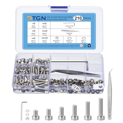 DTGN 210er Pack M5x6/8/10/12/16/20mm (DxH) Sechskopf-Schrauben mit Innensechskant und Muttern-Set - Schrauben-Set aus Edelstahl 304 mit Schraubenschlüssel, Unterlegscheiben und Pinzette von DTGN