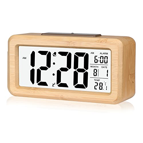 DTKID Wecker,Digital Wecker aus Holz Mit Großer LCD Display Datum Und Temperatur Anzeige Mit Snooze Und Nachtlicht Funktion,Für Zuhause,Schlafzimmer,Büro,Batteriebetriebener Wecker (Bambus) von DTKID