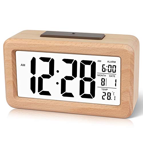 DTKID Wecker,Digital Wecker aus Holz Mit Großer LCD Display Datum Und Temperatur Anzeige Mit Snooze Und Nachtlicht Funktion,Für Zuhause,Schlafzimmer,Büro,Batteriebetriebener Wecker (Protokoll) von DTKID