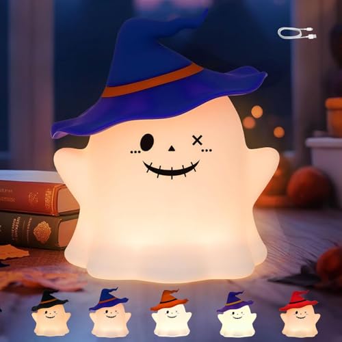 Blaues Geister Nachtlicht mit RGB 7 Farben, Kabellos Halloween Dekoration Lampe mit 1200mAh Akku, Timer Sensorlicht, Weiches Silikon LED Lampe Kinder Nachttischlampe für Wohnzimmer Schreibtisch Deko von DTSDWA