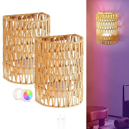DTSDWA 2 Stück Boho Rattan Wandlampe Innen Akku Wandleuchte Ohne Stromanschluss RGB Dimmbare Wandleuchten mit Fernbedienung Retro Nachttischlampe für Schlafzimmer Wohnzimmer Flur DTSDWA 2 Stück Boho Rattan Wandlampe Innen Akku Wandleuchte Ohne Stromanschluss RGB Dimmbare Wandleuchten mit Fernbedienung Retro Nachttischlampe für Schlafzimmer Wohnzimmer Flur von DTSDWA