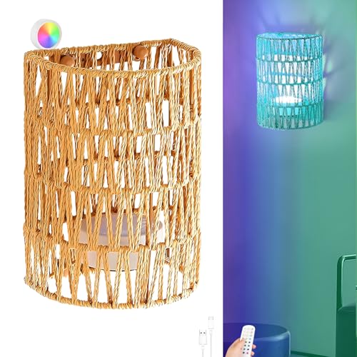 DTSDWA LED Akku Wandlampe Kabellose Boho Wandleuchte Innen mit Fernbedienung RGB Dimmbare Wandleuchten Vintage Rattan Nachttischlampe für Schlafzimmer Wohnzimmer Treppen Flur von DTSDWA
