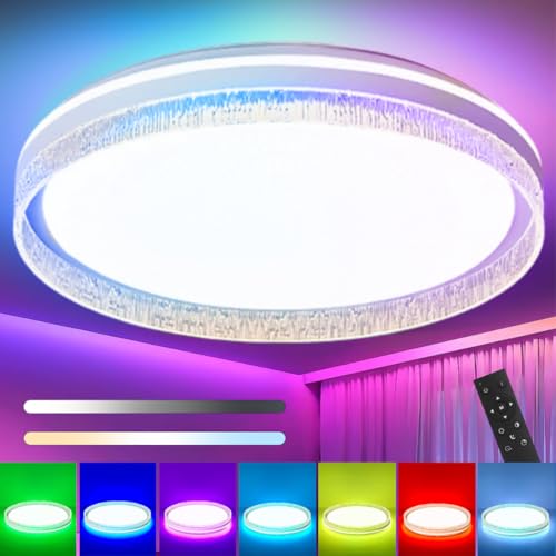 DTSDWA Moderne RGB LED Deckenleuchte, Dimmbare & Farbwechselnde Flachmontage Lampe mit Fernbedienung, Blitzfreie Deckenlampe mit Hohem CRI, Deckenlampe für Mehrere Räume (Durchmesser 50cm) von DTSDWA