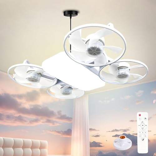 Deckenventilator mit Beleuchtung und Fernbedienung,50w Dimmbar Deckenleuchte Ventilator,360° Breiter Luftstrom Leise Ventilator mit E27 Lampenfassung 3-Gang Timer für Kinderzimmer Wohnzimmer (Weiß) von DTSDWA