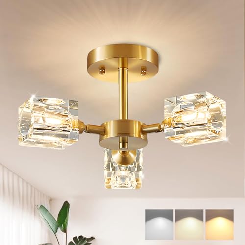 Kristall Deckenleuchte 3 Flammig 180° Verstellbare Kronleuchter mit Metall Rahmen Modern Dimmbar Deckenlampe Ohne Stromanschluss für Schlafzimmer Wohnzimmer Flur Küche Esszimmer (3-Lichter) von DTSDWA