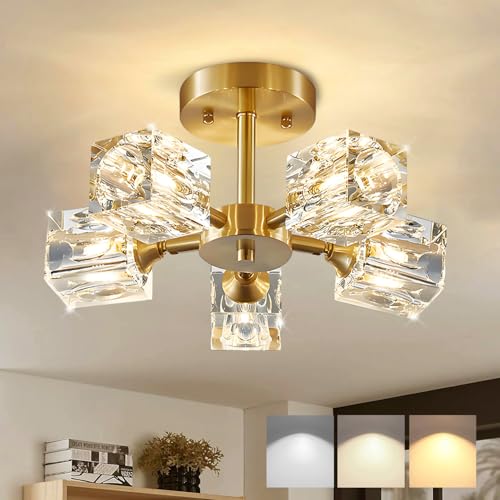 Kristall Deckenleuchte 3 Flammig 180° Verstellbare Kronleuchter mit Metall Rahmen Modern Dimmbar Deckenlampe Ohne Stromanschluss für Schlafzimmer Wohnzimmer Flur Küche Esszimmer (5-Lichter) von DTSDWA