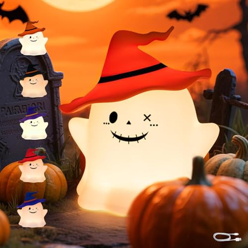 Oranger Hexenhuet Geisterlampe mit RGB Licht, 7 Farben Nachtlicht mit Timer & Berührungssensor, USB-C Wiederaufladbar, LED Kinder Nachtlicht für Schlafzimmer Halloween Party Deko Oranger Hexenhuet Geisterlampe mit RGB Licht, 7 Farben Nachtlicht mit Timer & Berührungssensor, USB-C Wiederaufladbar, LED Kinder Nachtlicht für Schlafzimmer Halloween Party Deko von DTSDWA