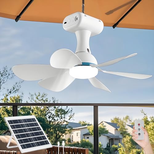Solar Deckenventilator mit Beleuchtung LED Akku Ventilator mit Deckenleuchte Außen Tragbarer Dimmbar Ventilator 2 Gang Einstellbare Fan Licht mit Fernbedienung Haken 5M-Kabel für Terrasse Camping von DTSDWA